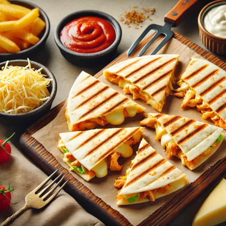Golden-brown BBQ Chicken Quesadilla sliced into wedges, with melted cheese and BBQ chicken filling visible."!