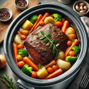 slow cooker pot roast with tender chuck roast, carrots, potatoes, onion, and garlic in a rich broth. The vegetables are vibrant, and the beef looks perfectly cooked.