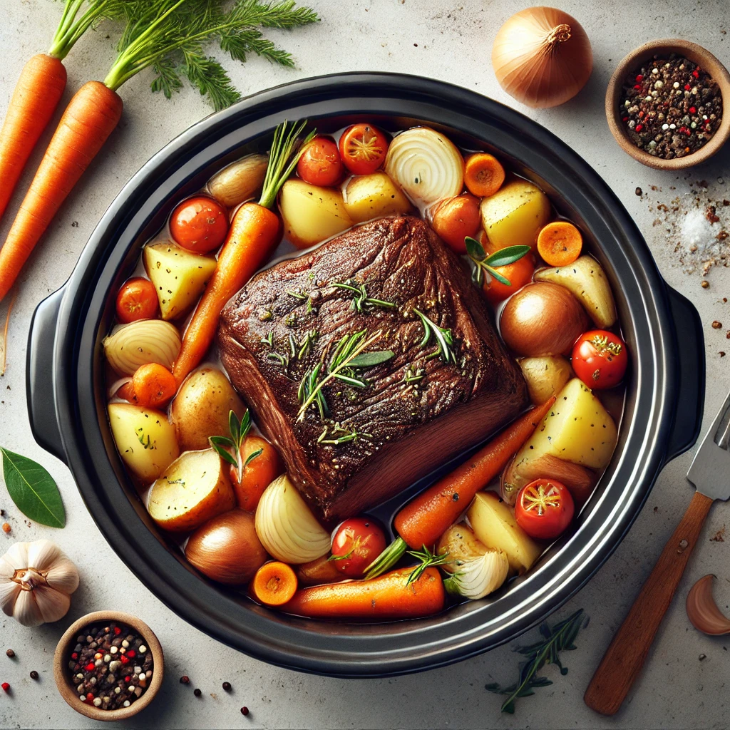 slow cooker pot roast, with golden sauce and vibrant vegetables like carrots and potatoes