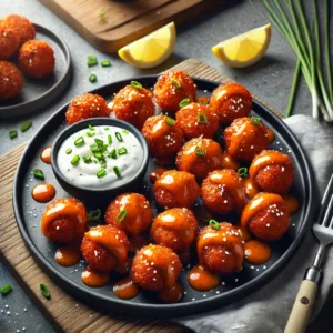 Crispy Coconut-Crusted Salmon Bites on a stylish black plate, accompanied by sweet chili sauce and garnished with lime slices.