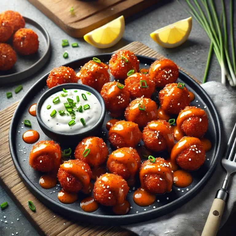 Golden and crispy Spicy Buffalo Salmon Bites arranged on a modern white plate, garnished with fresh parsley and lime wedges.