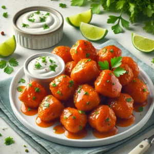 Golden and crispy Spicy Buffalo Salmon Bites arranged on a modern white plate, garnished with fresh parsley and lime wedges.