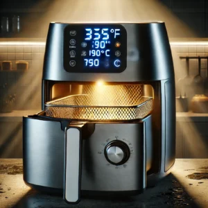 An air fryer preheating to 375°F with the display showing the temperature and a timer counting down.