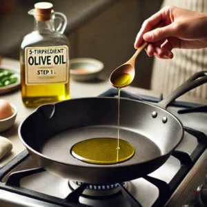 A large skillet on the stove with olive oil being added.