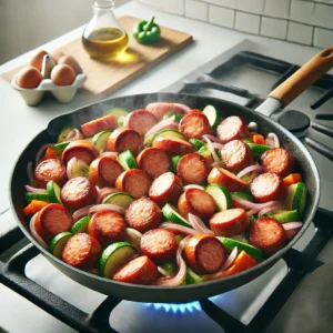 Sliced Italian sausage browning in a skillet on the stove.