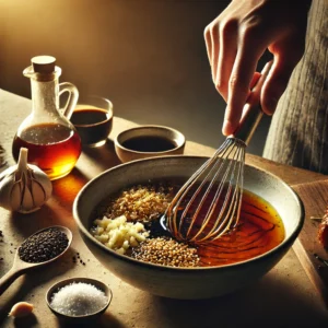 A mixing bowl with honey, soy sauce, garlic, and olive oil being stirred with a whisk.