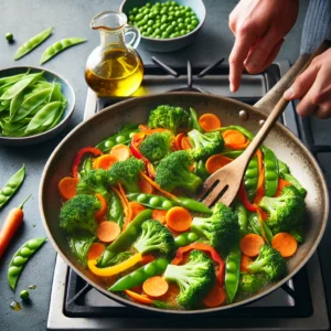 Colorful broccoli, bell peppers, carrots, and snap peas being added to the skillet.