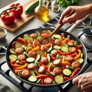 Colorful bell peppers and zucchini being added to the cooked sausage in the skillet.