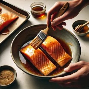 A hand using a brush to coat salmon fillets with honey garlic marinade in a bowl.