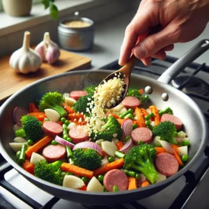 Minced garlic being stirred into the skillet with the vegetables.