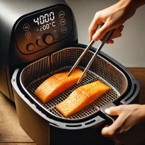 Salmon fillets being placed in the air fryer basket and flipped with tongs.