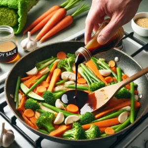 Soy sauce being drizzled over the vegetables in the skillet.