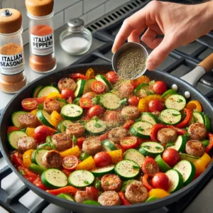 Sprinkling Italian seasoning, salt, and pepper over the sausage and veggie mixture in the skillet.