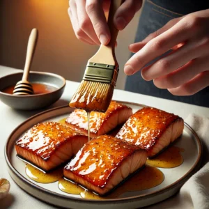 A hand using a brush to apply the final glaze on crispy air-fried salmon.