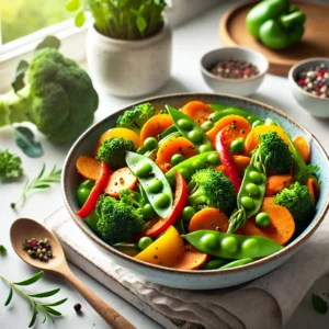 A bowl of vibrant 5-Ingredient Vegan Stir-Fry, garnished with fresh herbs.