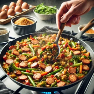 Finished sausage and veggie skillet being scooped into bowls.