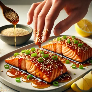 A hand sprinkling sesame seeds and green onions over cooked honey garlic salmon.