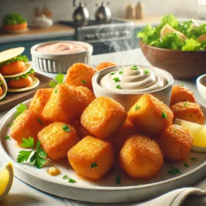 Golden crispy salmon bites served on a white plate with lemon wedges and dipping sauce in a bright kitchen.