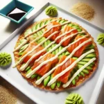 Sushi Pizza with a crispy rice base, topped with avocado, fresh salmon slices, and a drizzle of creamy Wasabi Mayo. The dish is garnished with sesame seeds and cucumber, served with a side of soy sauce.