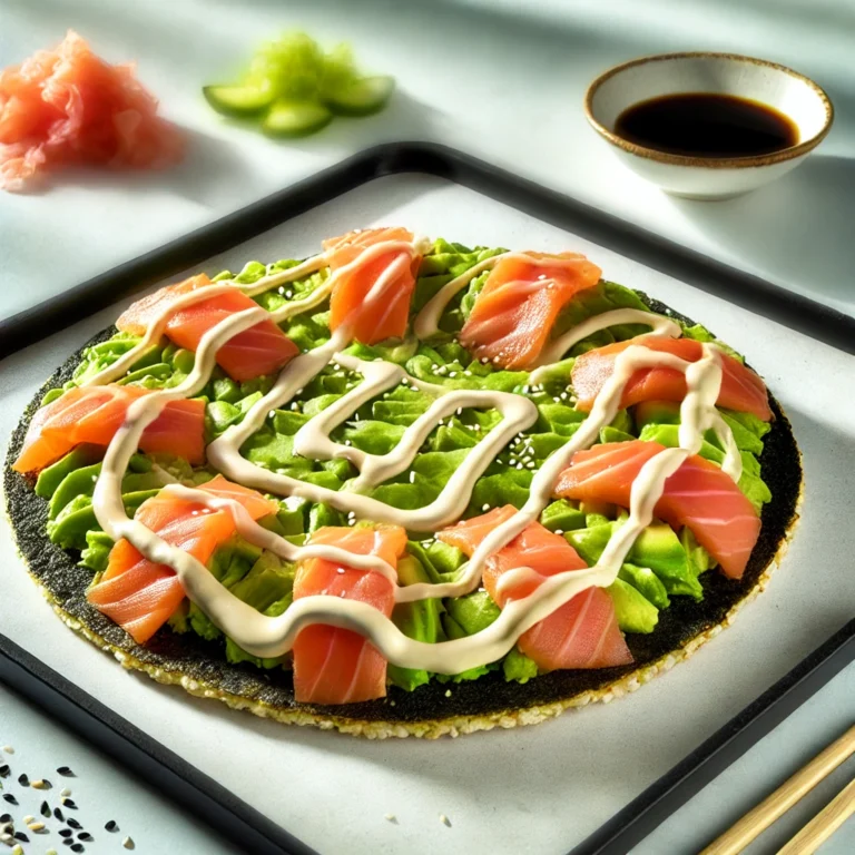 Sushi Pizza with a crispy rice base, topped with thinly sliced avocado, salmon, and a drizzle of Wasabi Mayo. The dish is garnished with sesame seeds and sliced cucumber, with a side of soy sauce.