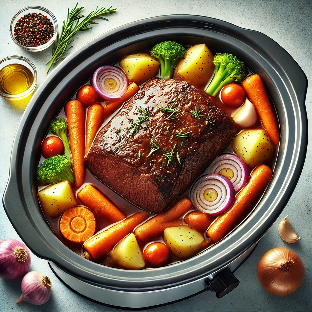 crock pot chuck roast with tender beef, colorful carrots, potatoes, onion, and garlic.