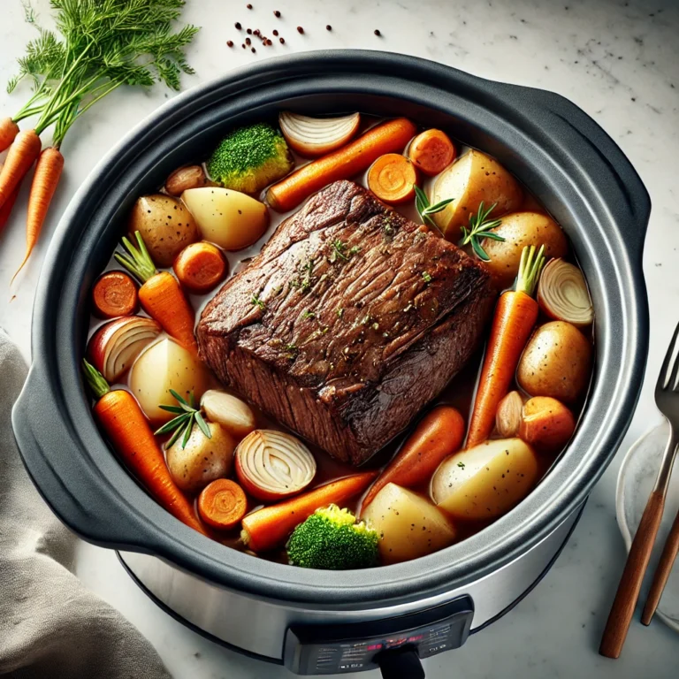dairy-free pot roast featuring tender beef, carrots, potatoes, onion, and root vegetables, slow-cooked to perfection.