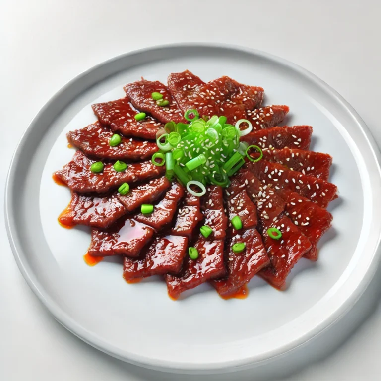 Korean Beef Bulgogi on a white plate. The beef slices are tender and glossy with a savory marinade, topped with sesame seeds and chopped green onions.