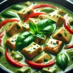 One-Pot Thai Green Curry with vibrant coconut sauce, garnished with fresh basil and red pepper slices. A woman’s hand holds an empty spoon, focusing on the dish underneath.