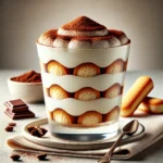 A vibrant and modern Tiramisu Cup served in a clear glass with layers of coffee-soaked ladyfingers and creamy mascarpone, topped with cocoa powder and chocolate shavings.