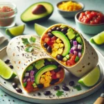 A realistic image of a Vegetarian Mexican Breakfast Burrito cut in half, filled with black beans, scrambled eggs, avocado, diced tomatoes, and cheese. Garnished with lime wedges and served with a bowl of salsa.
