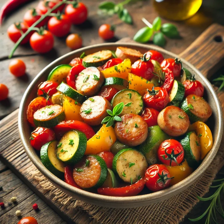 A bowl of finished Sausage and Veggie Skillet garnished with fresh herbs.