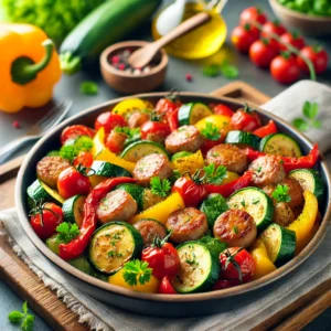 Another view of the Sausage and Veggie Skillet served in a bowl.