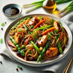 Close-up image of stir-fried chicken chow mein with noodles, colorful vegetables, and a rich black bean sauce, garnished with green onions.