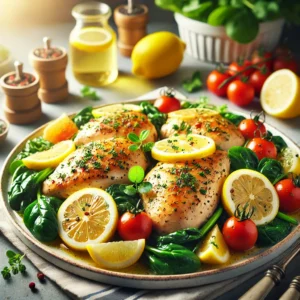 A beautifully presented plate of Lemon Herb One-Pot Chicken garnished with fresh lemon slices and herbs, surrounded by colorful vegetables.