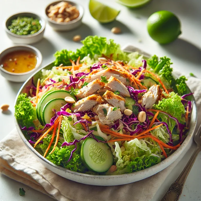 A close-up of a Thai chicken salad featuring shredded lettuce, red cabbage, julienned carrots, and sliced cucumbers, with chicken and lime dressing, garnished with roasted peanuts.
