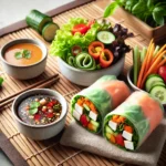 Alt Text: A vibrant and clean image of Thai Fresh Spring Rolls filled with colorful vegetables and tofu, served with spicy peanut and tamarind dipping sauces on a white plate.