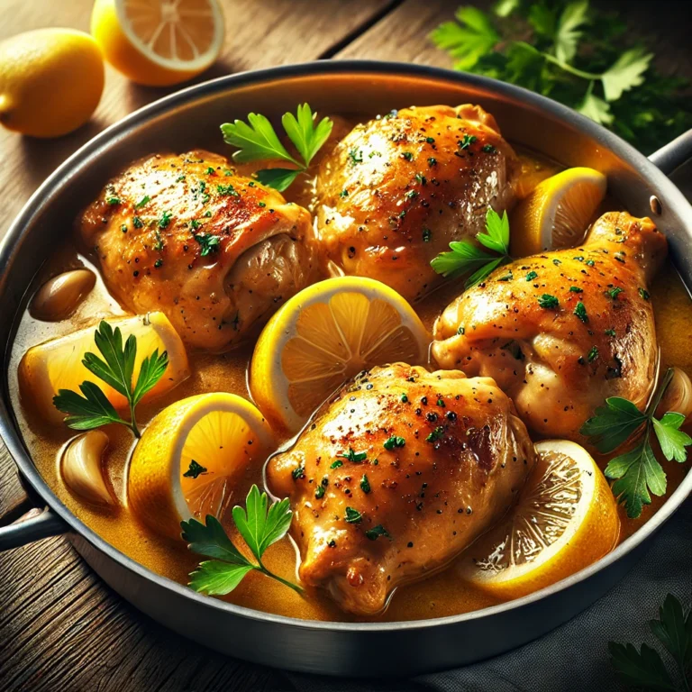 A warm and cozy presentation of One-Pot Italian Lemon Chicken with juicy chicken thighs in a golden lemon-garlic sauce, topped with parsley and lemon slices.