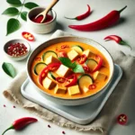 A white bowl of Thai red curry with tofu, featuring a creamy coconut milk-based sauce with chunks of tofu, red bell peppers, and zucchini, topped with thinly sliced red chilies.