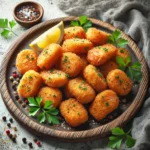 Close-up of air-fried salmon nuggets with a golden crust, garnished with parsley and lemon