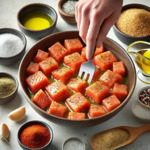 Salmon cubes being tossed with olive oil, garlic powder, paprika, salt, and pepper in a mixing bowl.