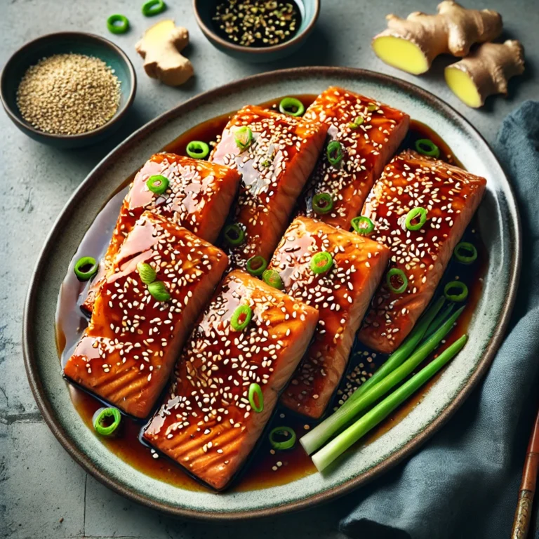 A beautifully arranged plate of air-fried salmon fillets glazed with soy sauce and honey, garnished with sesame seeds and green onions.