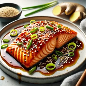 A stunning presentation of air-fried salmon fillets glazed with soy sauce and honey, garnished with sesame seeds and ginger slices.