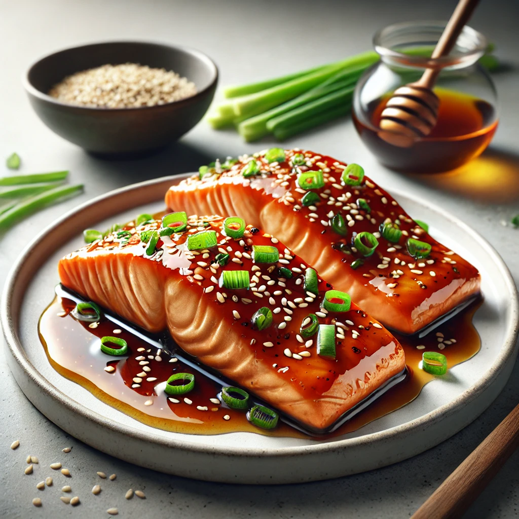 A beautifully plated dish of air-fried salmon fillets glazed with soy sauce and honey, garnished with sesame seeds and chopped green onions.