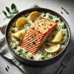 Very close-up view of a baked salmon and rice casserole highlighting textures and colors.