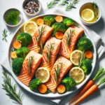Multiple golden-baked Paleo salmon fillets with rosemary and lemon, served with broccoli and carrots on a white plate.