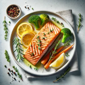 Golden baked Paleo salmon garnished with rosemary and lemon, served with broccoli and carrots on a white plate.