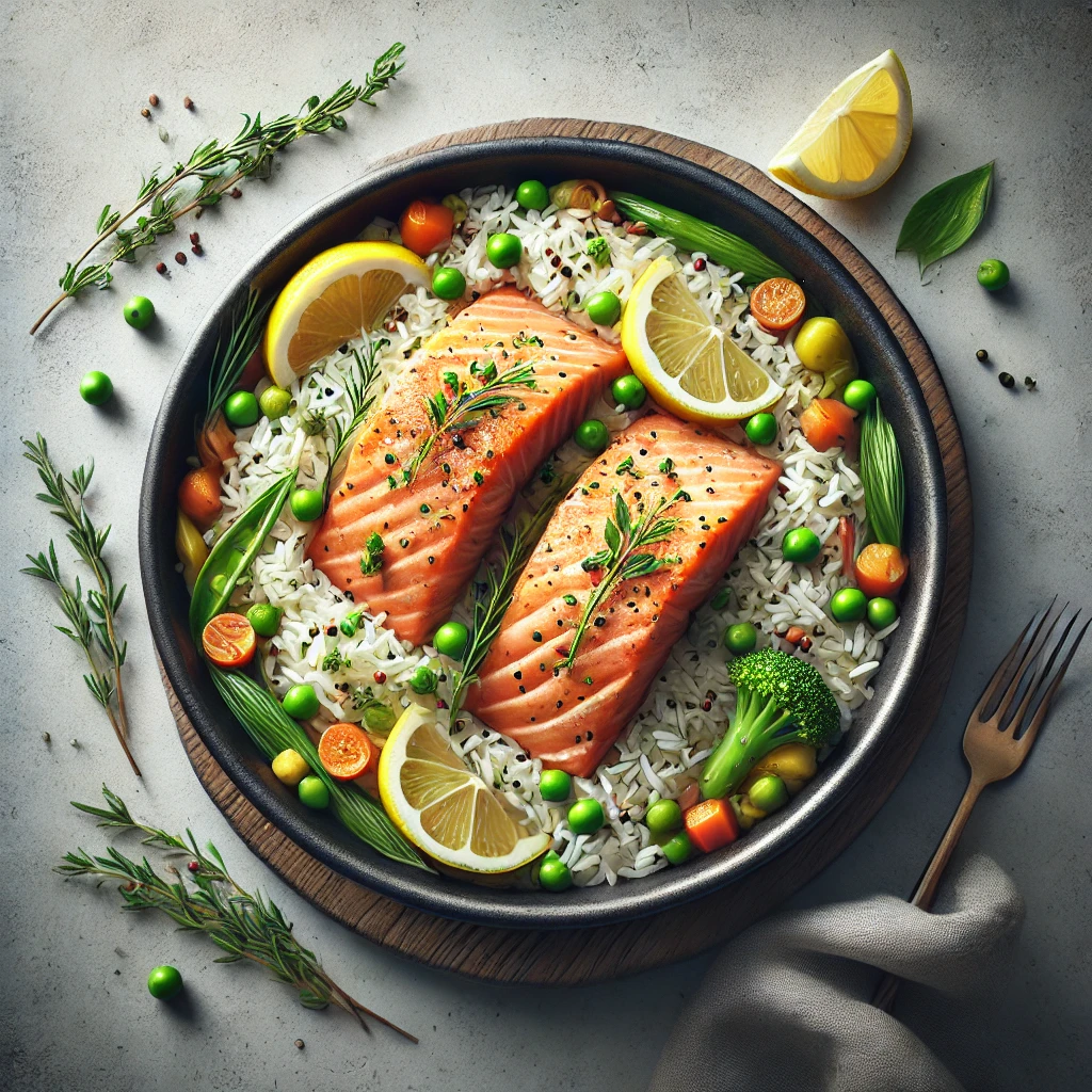 Close-up of the ingredients for a one-pot salmon and rice dish on a plain background.