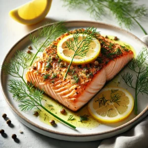 Gluten-free lemon dill pan-seared salmon with golden crust, garnished with dill and lemon