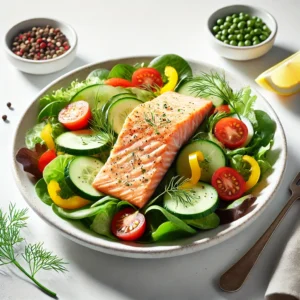 Fresh Paleo salmon salad on a white plate with mixed greens, cherry tomatoes, cucumber slices, bell pepper, and lemon wedges.