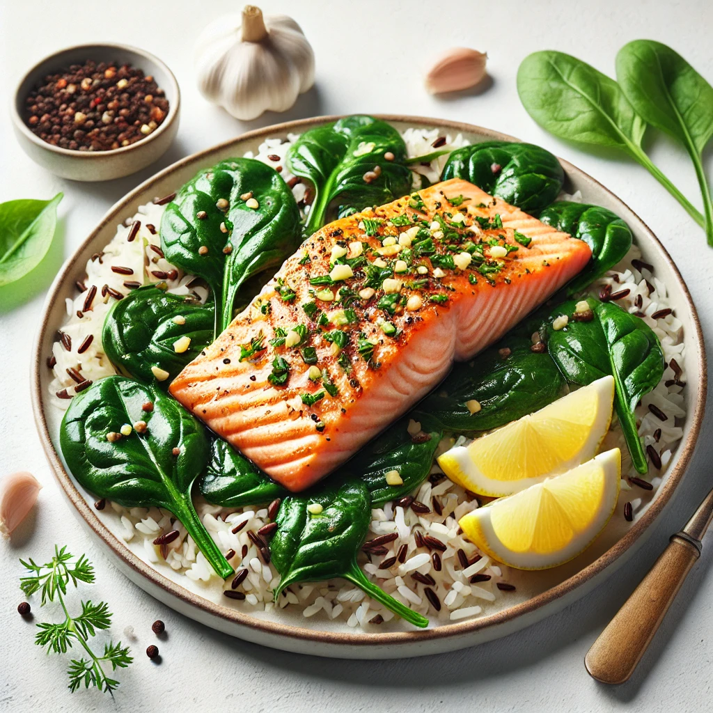 Close-up of Garlic Butter Salmon on wild rice, garnished with spinach and lemon on a plain white background.
